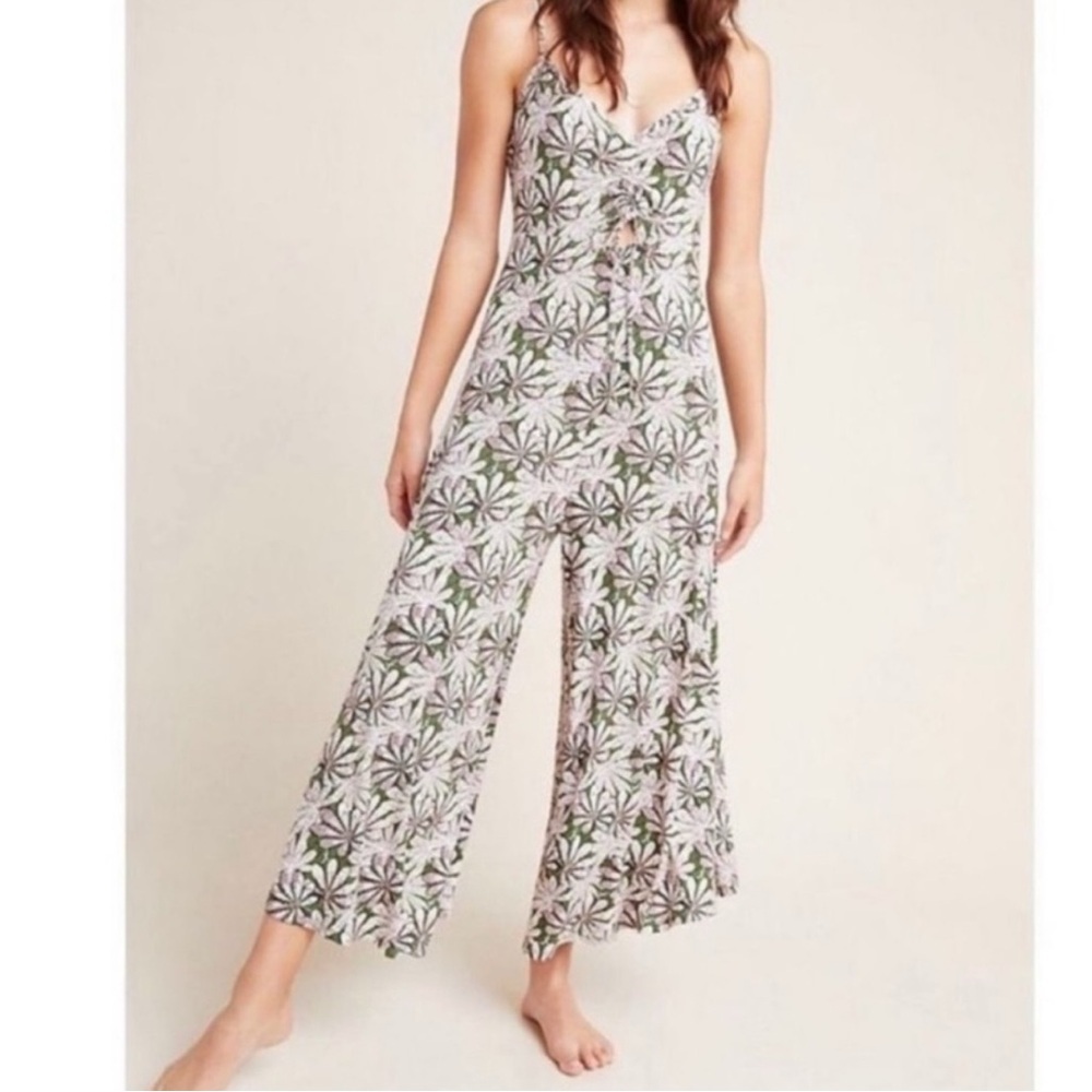 Anthropologie Jessie Cream & Green Floral Cropped Wide Leg Jumpsuit XS
